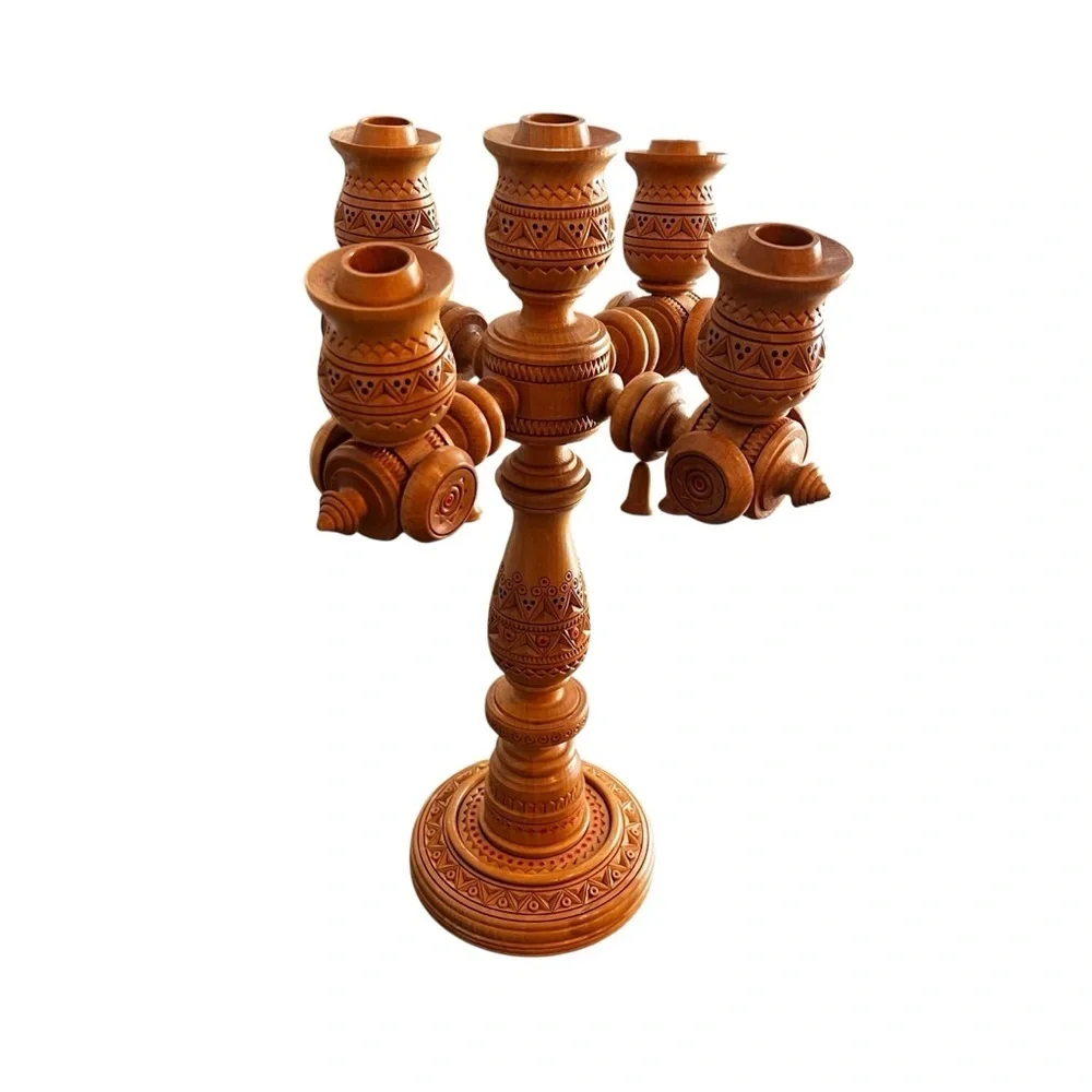 Large 14” Scandinavian German Turned Wood Beaded 5 Arm Candelabra